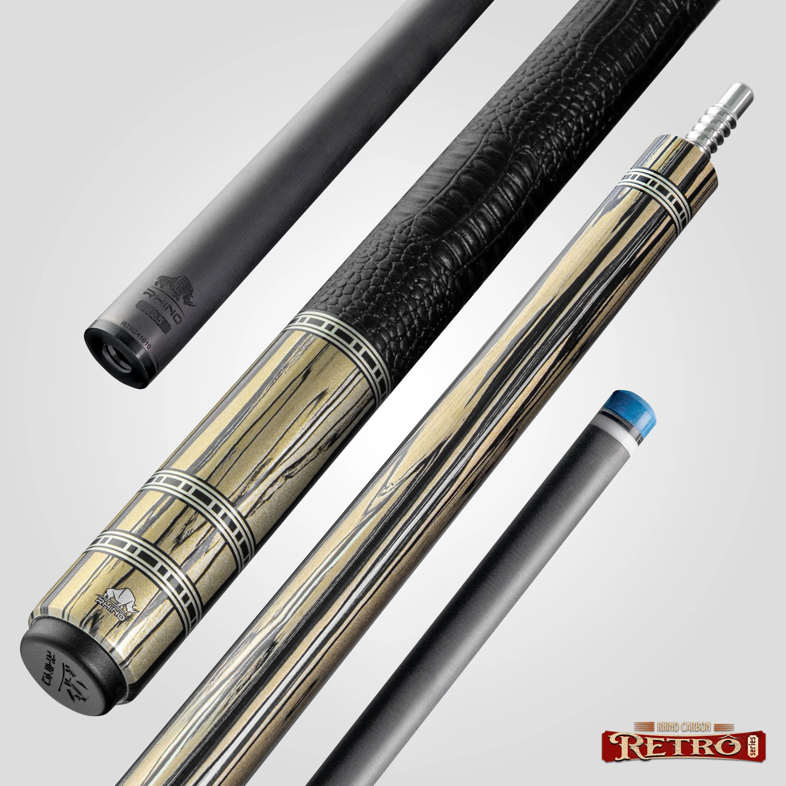 Rhino RETRÔ Pool Cue - Pale Moon Ebony - Crocodile Embossed Microfiber Leather Wrap - Arjumany